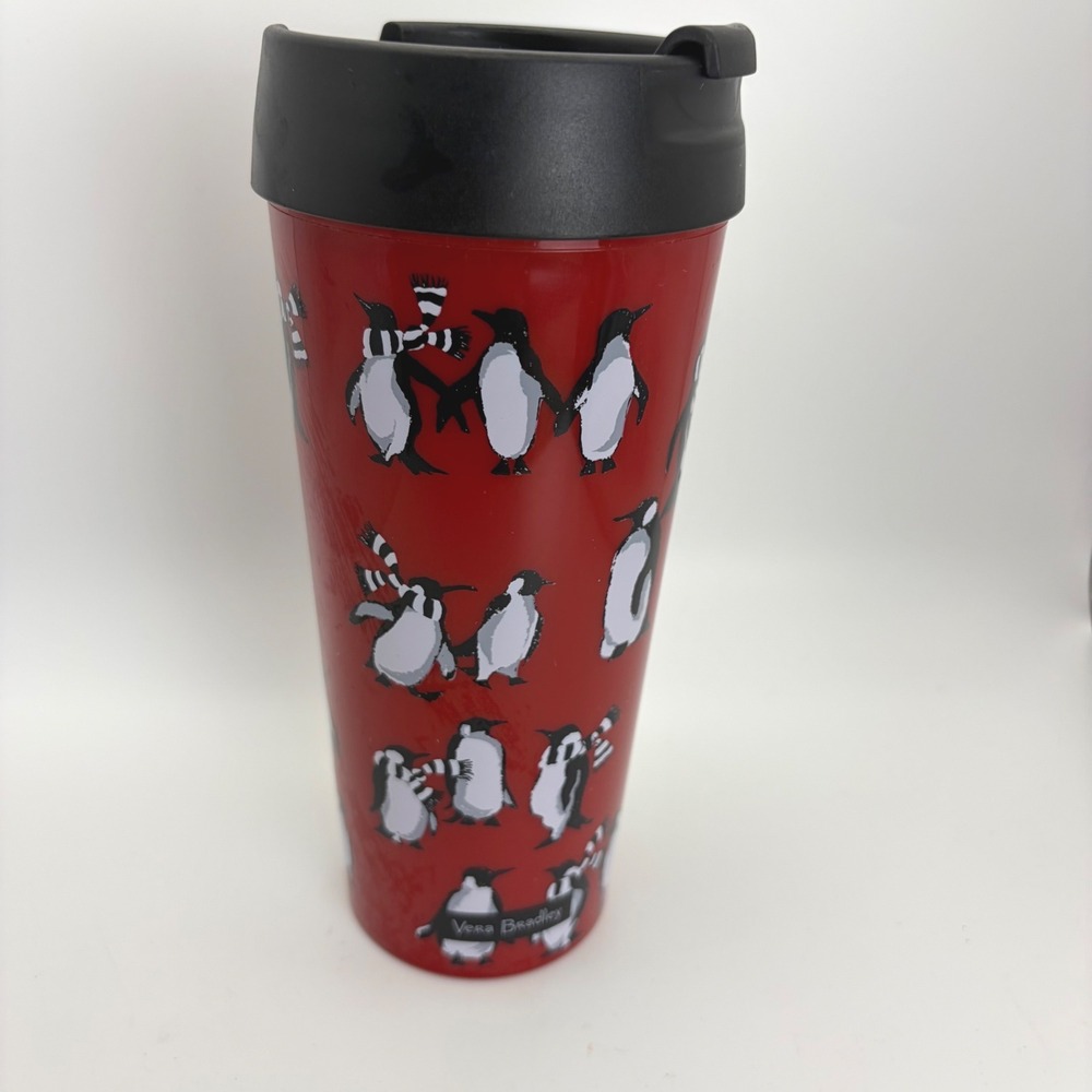 Vera Bradley Red Penguin 16 oz Travel Tumbler Mug with Flip Top Lid
